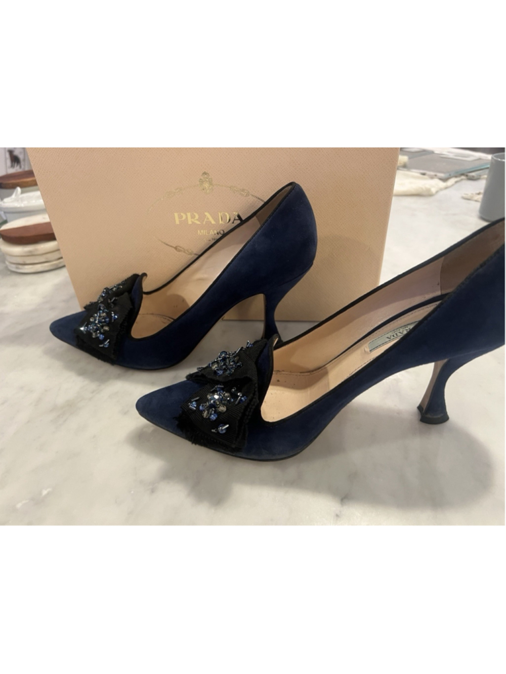 Prada Suede Beaded Bow Navy Blue Designer Heels Sz 39 (8.5/9) With Original Box - Picture 10 of 16
